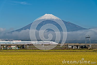 Mount Fuji and Shinkansen bullet train Editorial Stock Photo