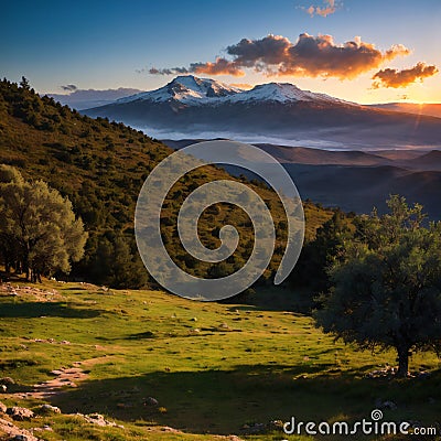 Mount Hermon is observed from the Gamla Nature Reserve in the Golan Heights, Israel made with Generative AI Stock Photo