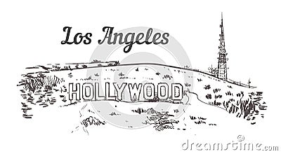 Mount Hollywood sketch. Los Angeles hand drawn vintage vector illustration Cartoon Illustration