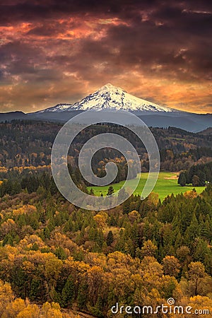 Mount Hood at Sandy River Valley in Fall Oregon USA Stock Photo