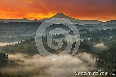 Mount Hood and Sandy River Valley Sunrise in Oregon Stock Photo