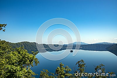 Mount Kamui and the beautiful clear blue Lake Mashu. Observatory, hokkaido Stock Photo