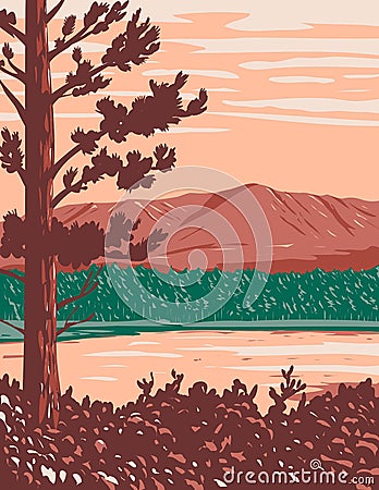 Mount Katahdin Maine North Woods and River Flowing in Katahdin Woods and Waters National Monument Within Penobscot County Maine Vector Illustration