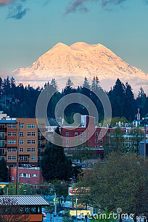 Mount Rainier Over City In Olympia Washington Stock Photo