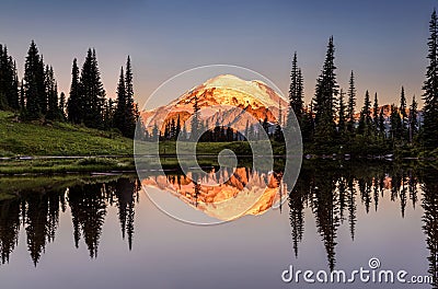 Mount Rainier reflection from Tipsoo Lake Stock Photo