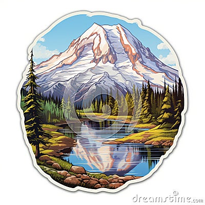 Detailed Mount Rainier Sticker With Stunning Lake View Stock Photo