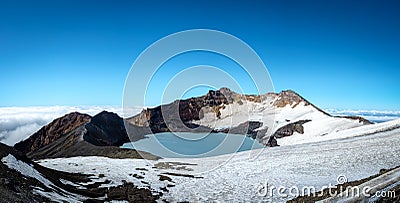 Mount ruapehu crater lake in summer with light snow Stock Photo