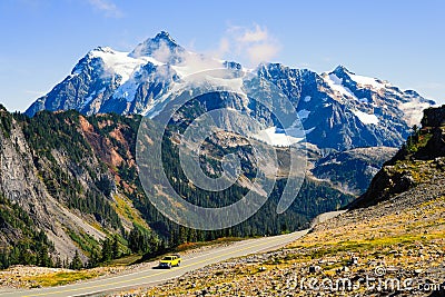 Mount Shuksan rises in Fall behind the Mount Baker Highway Editorial Stock Photo