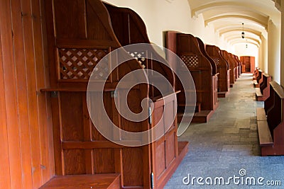 Mount St. Anna, Poland - July 4, 2016: Empty confessionals, a pl Editorial Stock Photo