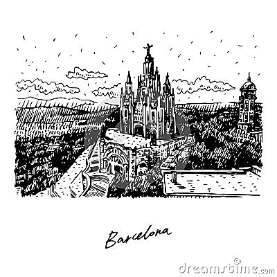 Mount Tibidabo. Barcelona, Spain. Graphic illustration Stock Photo