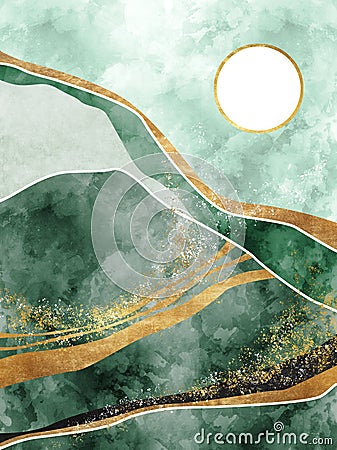 Mountain abstract landscape, mountainscape, mountain mural illustartion. Gold, marble, green, watercolor texture Stock Photo
