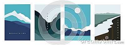 Mountain abstract poster. Geometric landscape banners with hills, rivers and lakes, minimalist nature scenes. Vector Vector Illustration