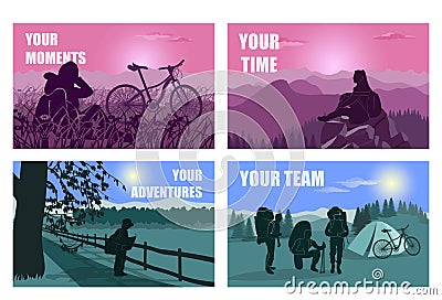 Mountain adventure travel. Hike tourism with climb trekking. Hiker trail trip. Nature landscape. Tourists rest outdoor Vector Illustration