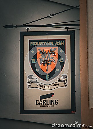 Mountain Ash Rugby Club sign on the High Street in Mountain Ash Editorial Stock Photo