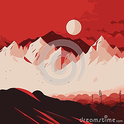 Mountain background vector. Minimal landscape art with red color. Stock Photo