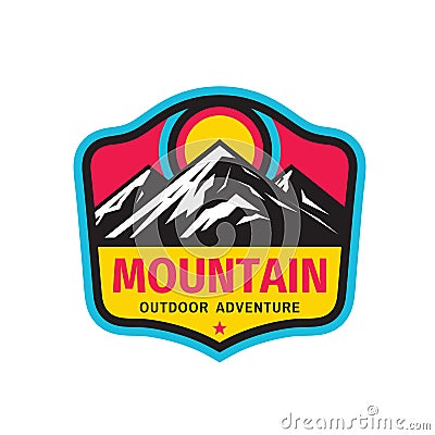 Mountain badge logo design. Outdoor adventure sign. Climbing hiking expedition logo. Traveling explore symbol. Vector illustration Vector Illustration