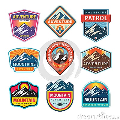 Mountain badges set. Adventure outdoor creative vintage logo design. Climbing hiking emblem collection. Vector illustration. Vector Illustration