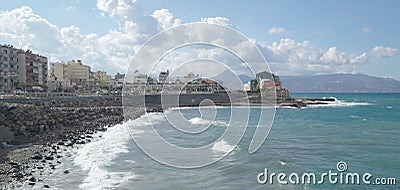 Mountain and Beach landscapes in Heraklion City on Crete Island with yachts and boats in Greece. Editorial Stock Photo