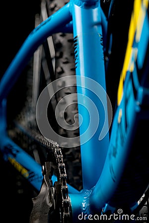 Mountain bicycle photography in studio, bike parts, chain detail Stock Photo