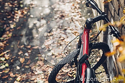 Mountain Bicycle Stands Near A Brick Wall, View From Bikers Eyes. Holiday Weekend Activity Stock Photo