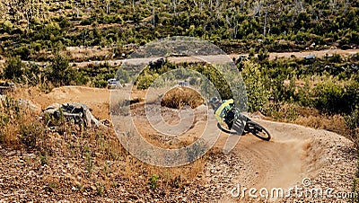 Mountain bike, man and cycling adventure on dirt hill, sand path and speed challenge, sports action or fast race in Stock Photo