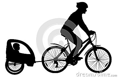 Mountain bike silhouette. Cyclist with a child stroller. City cycling family vector. Vector Illustration