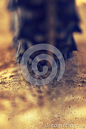 Mountain bike wheel close up with dirt dust particles Stock Photo