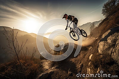 mountain biker flying through the air after jumping off cliff Stock Photo