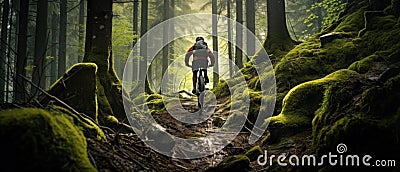 Mountain biker riding on bike in spring inspirational forest landscape. Man cycling MTB on enduro trail track. Sport Stock Photo