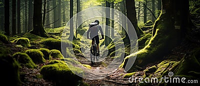 Mountain biker riding on bike in spring inspirational forest landscape. Man cycling MTB on enduro trail track. Sport Stock Photo