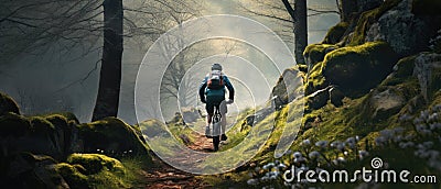 Mountain biker riding on bike in spring inspirational forest landscape. Man cycling MTB on enduro trail track. Sport Stock Photo