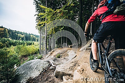 Mountain biker riding cycling in autumn forest Stock Photo