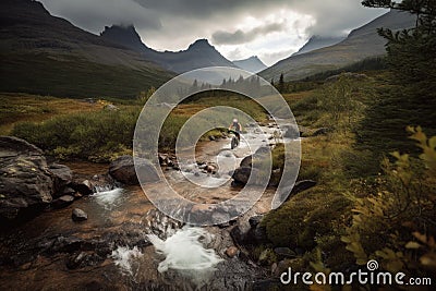 mountain biker riding past rushing stream, with view of the valley beyond Stock Photo