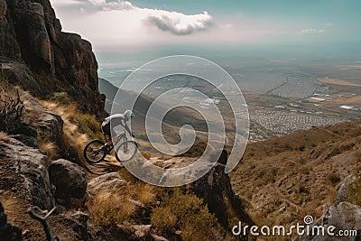 mountain biker scaling steep and rocky terrain, with view of sprawling landscape in the background Stock Photo