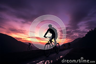 Mountain bikers enjoy a twilight ride through scenic, hilly landscapes Stock Photo