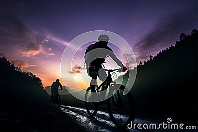 Mountain bikers enjoy a twilight ride through scenic, hilly landscapes Stock Photo