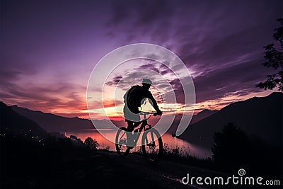 Mountain bikers enjoy a twilight ride through scenic, hilly landscapes Stock Photo