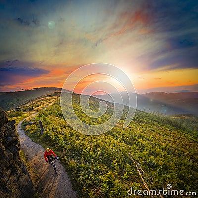 Mountain biking cycling at sunset in summer mountains forest lan Stock Photo