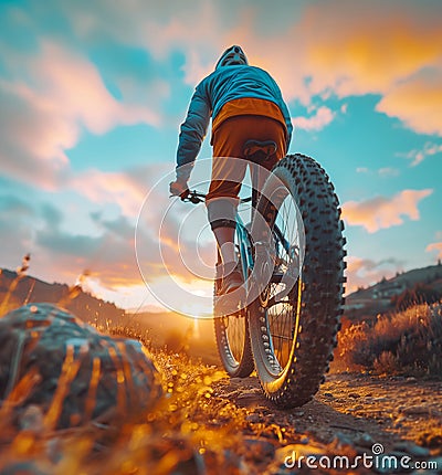 Mountain biking at sunset, capturing essence of adventure and outdoor thrill. Silhouette of cyclist on rugged trail against golden Stock Photo