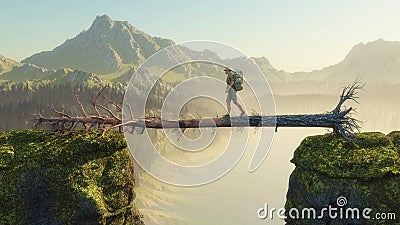 Traveler walking on fallen tree between two mountain rocks . Cartoon Illustration