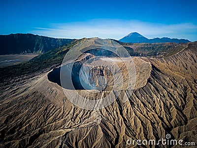 Mountain Bromo active volcano crater in East Jawa, Indonesia. Top view from drone fly Stock Photo