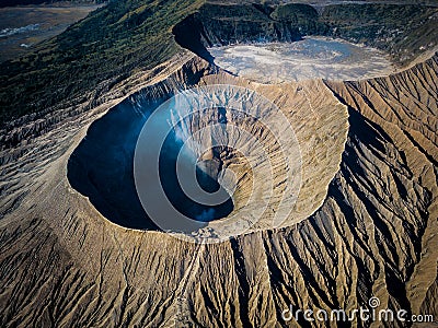 Mountain Bromo active volcano crater in East Jawa, Indonesia. Top view from drone fly Stock Photo