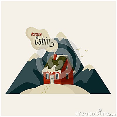 Mountain cabin. Red house in snowy mountains on light background. Vector Illustration