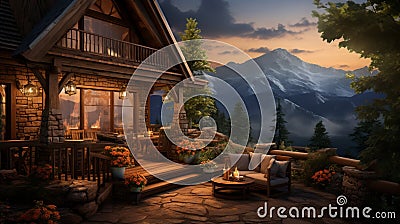 A mountain cabin with 'Mountain Retreat Birthday' Stock Photo