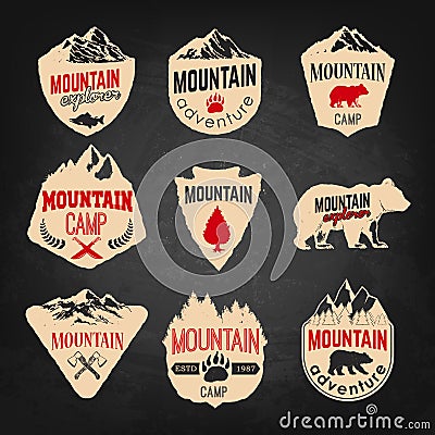 Mountain camp badges templates with mountains and trees isolated Vector Illustration