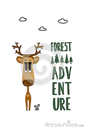 Mountain Camp Forest Travel Graphic Emblem Design. Wood and Moose Silhouette Black and White Logo. Wild World Vector Illustration