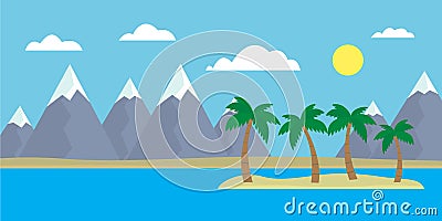 Mountain cartoon view of an island in the sea with hills, trees Vector Illustration