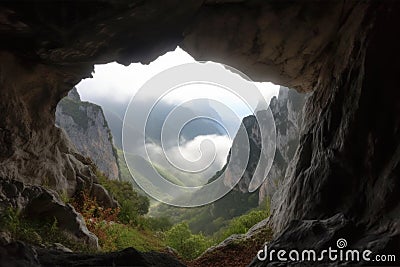 mountain cave with view of misty valley below, surrounded by towering peaks Stock Photo