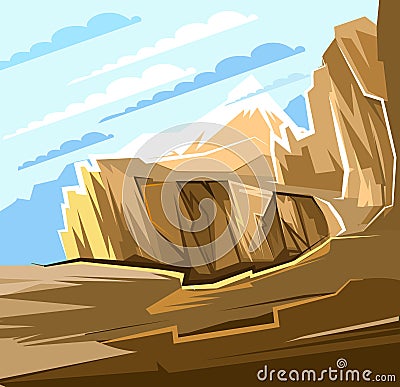 Mountain cliff and abyss. Landscape. A narrow path over the cliff. Large mountains and clouds in the distance. Flat cartoon style Vector Illustration