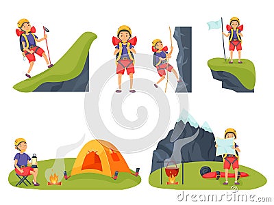 Mountain climber hiking, resting, walking and trekking set Vector Illustration
